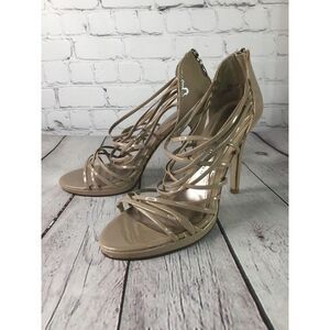 Womens 9M Beige STRAPPY High Heels Formal Party Sandals Open Toe Shoes